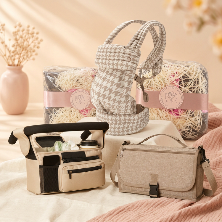 Warm MamaCore new-mum bundle with layered blush fabrics and gift packaging