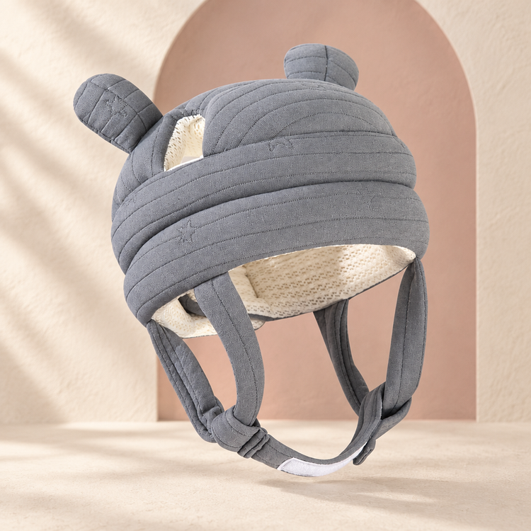 Angled baby head-protection hat in MamaCore style
