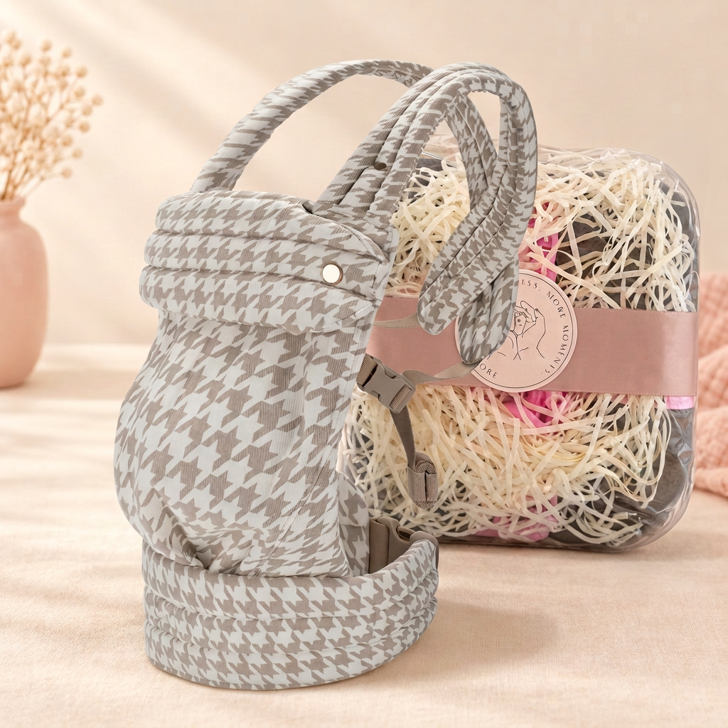 MamaCore Everyday Baby Sling in cream-and-taupe houndstooth with padded straps and buckle waist belt, in front of its MamaCore gift box with cream shredded fill and blush band