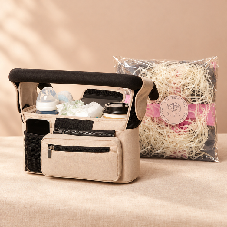 MamaCore stroller organiser with packaging behind